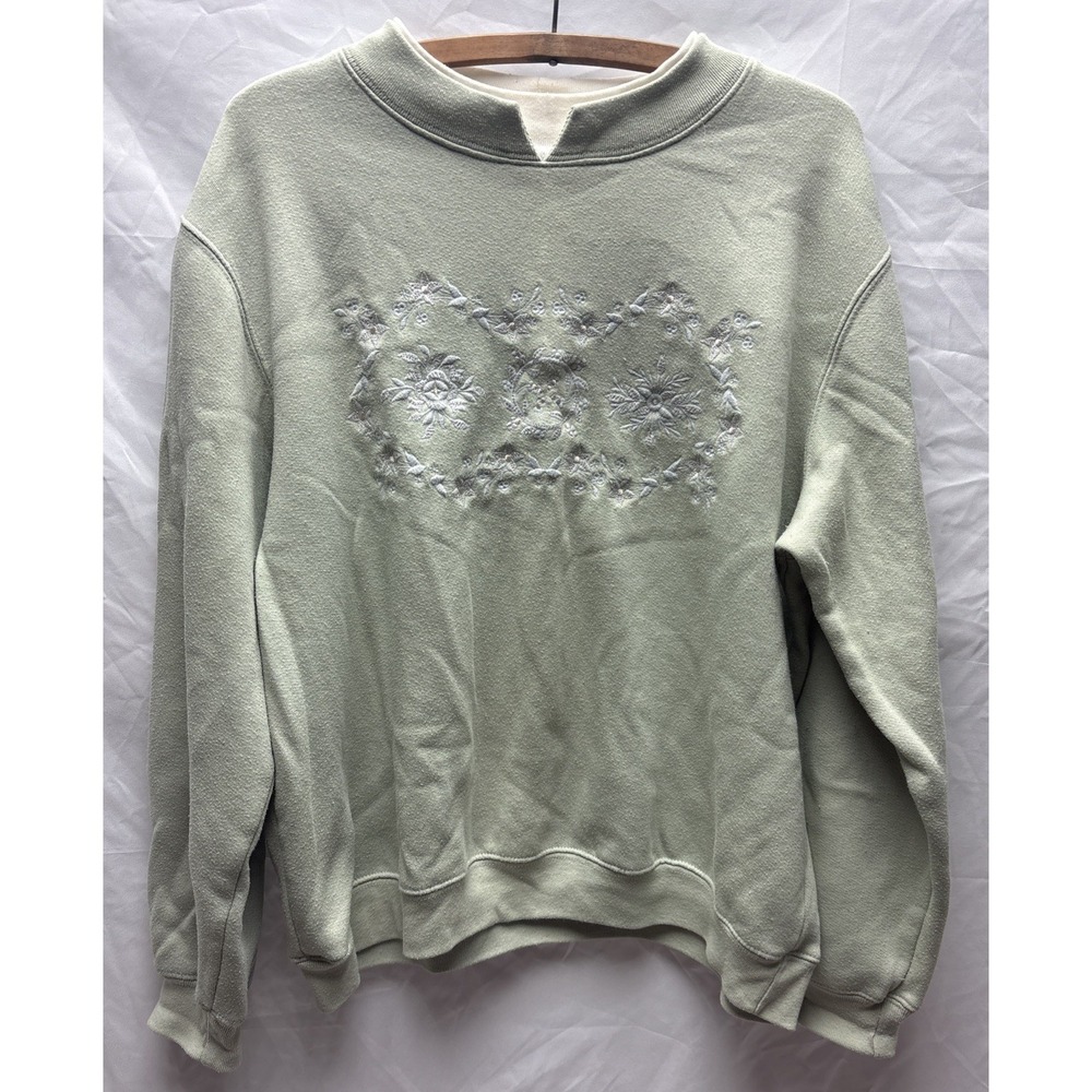 EB Sport Sz Large Sage Floral Embroidered Sweatshirt Mock Neck Womens Grandma